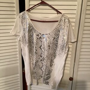 DKNY Jeans ladies white Tee shirt with silver graphics on front,